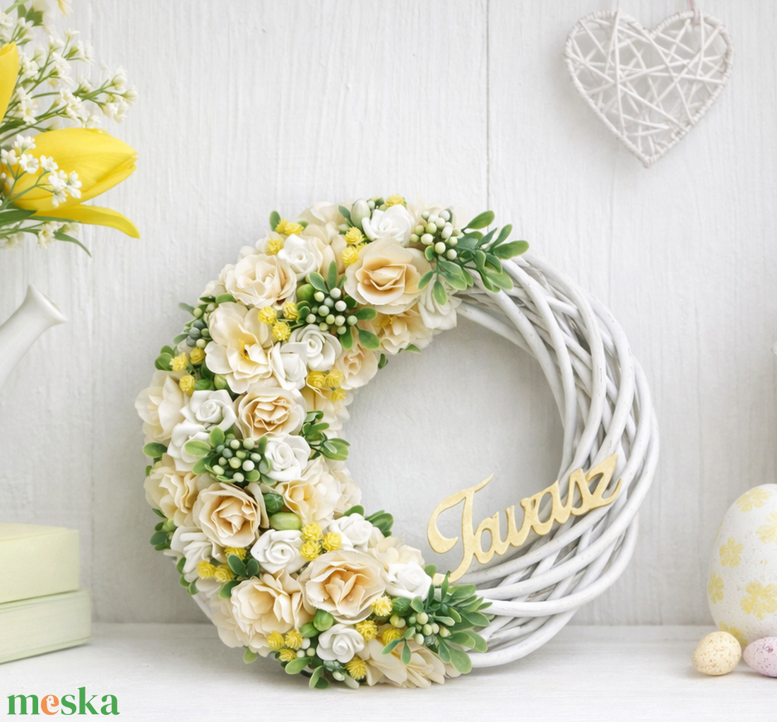 Tavaszi ajtódísz krém sárga - otthon & életmód - dekoráció - ajtó- és ablak dekoráció - ajtódísz & kopogtató - Meska.hu