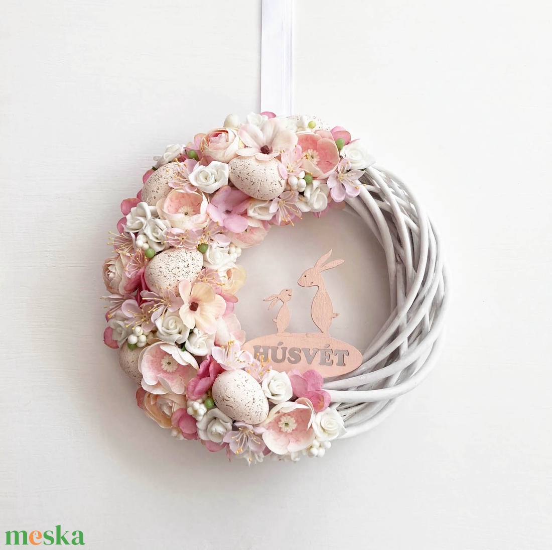 Húsvét ajtódísz púder rózsaszín - ünnepi díszek, dekorációk - húsvéti díszek és dekorációk - húsvéti ajtódísz, kopogtató - Meska.hu