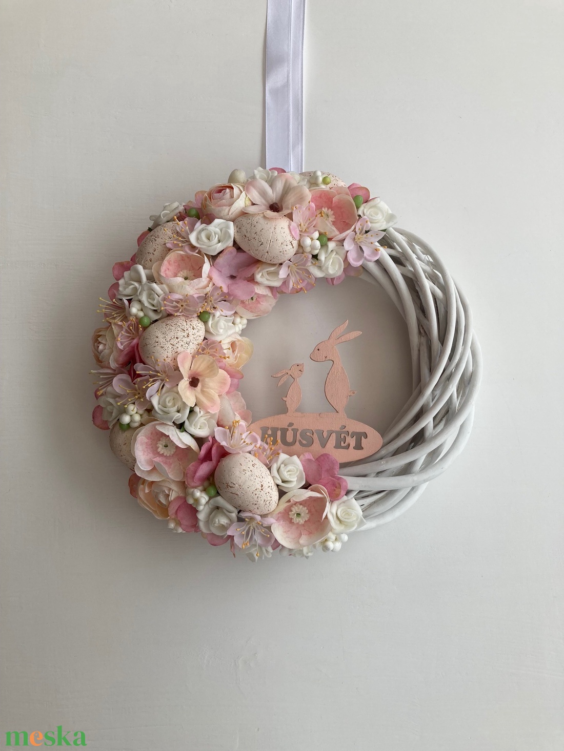 Húsvét ajtódísz púder rózsaszín - ünnepi díszek, dekorációk - húsvéti díszek és dekorációk - húsvéti ajtódísz, kopogtató - Meska.hu