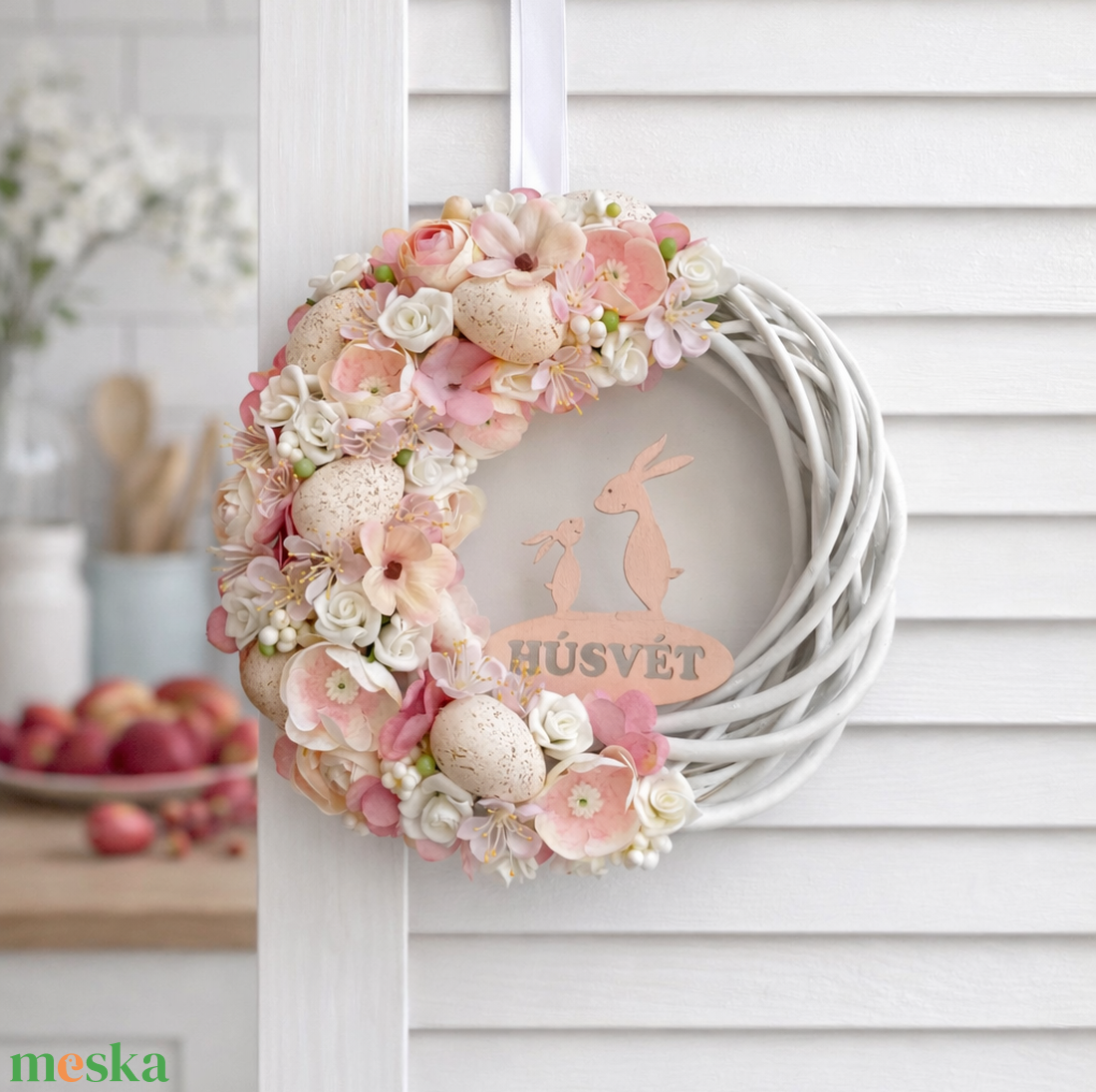 Húsvét ajtódísz púder rózsaszín - ünnepi díszek, dekorációk - húsvéti díszek és dekorációk - húsvéti ajtódísz, kopogtató - Meska.hu
