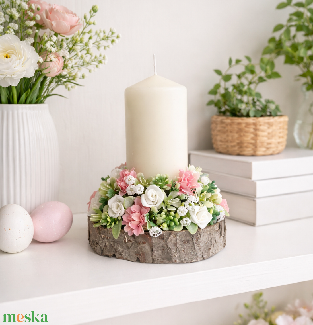 Tavaszi asztaldísz gyertyás rózsaszín - ünnepi díszek, dekorációk - húsvéti díszek és dekorációk - húsvéti asztaldíszek - Meska.hu