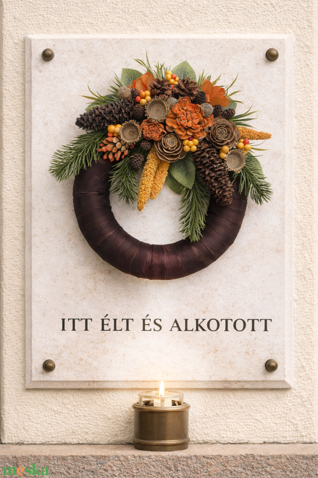 Kegyeleti koszorú szárazvirágokkal és termésekkel - otthon & életmód - vallás - temetkezési tárgy - sírkoszorú, kegyeleti koszorú - Meska.hu