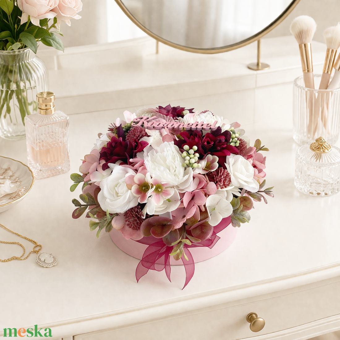 Virágdoboz bordó rózsaszín - otthon & életmód - virágdekoráció - virágok - virágbox - Meska.hu