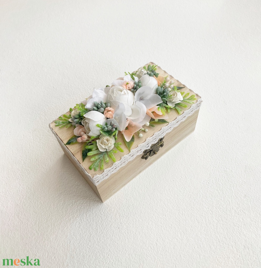 Mini vintage gyűrűtartó doboz barack díszítéssel - esküvő - esküvői ceremónia - gyűrűtartó & gyűrűpárna - Meska.hu
