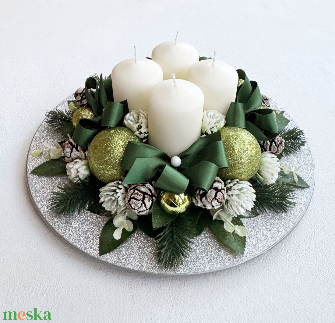 Adventi asztaldísz ezüst tálban - karácsony - adventi díszek - adventi koszorú - Meska.hu