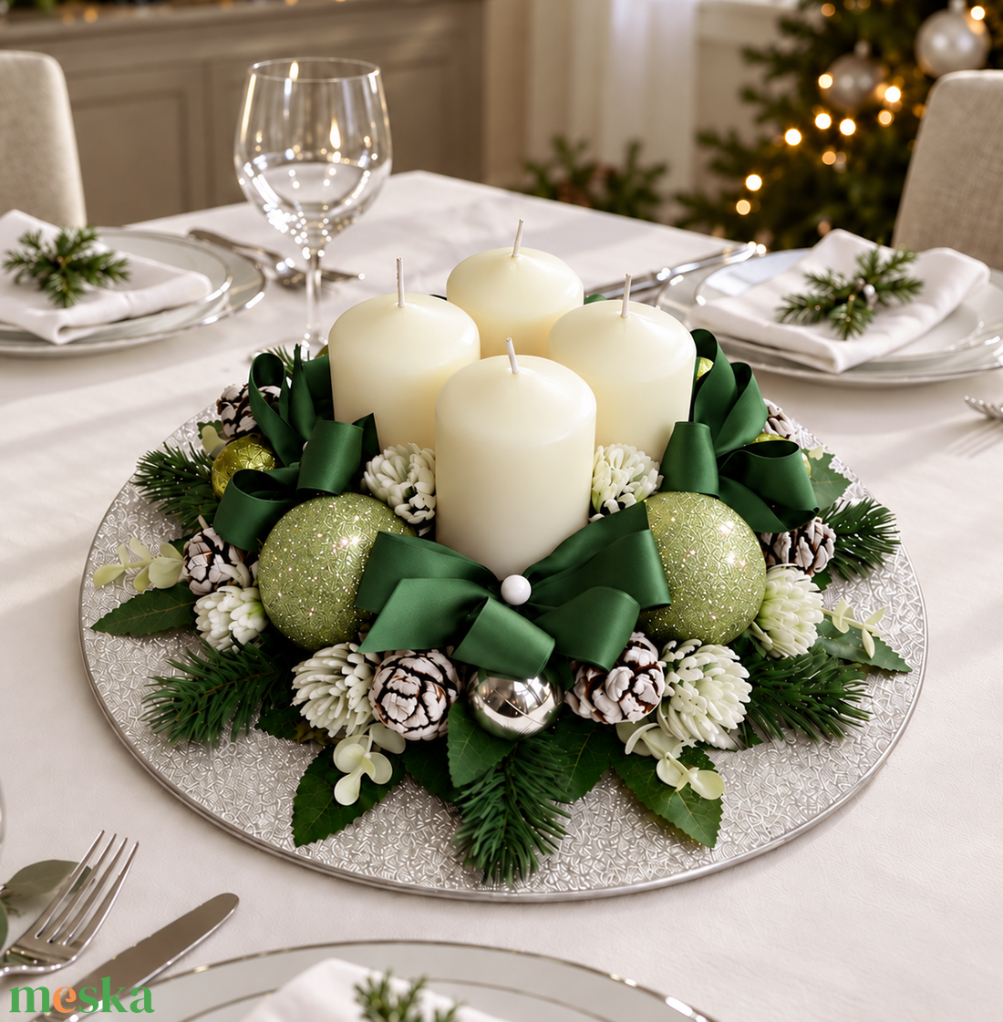 Adventi asztaldísz ezüst tálban - karácsony - adventi díszek - adventi koszorú - Meska.hu