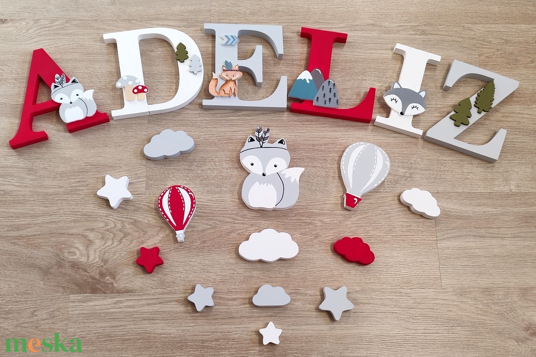 Rókás díszítésű dekorbetű szett, választható névvel, színnel, kézműves, dekoráció, név, betű, gyerekszoba, dekor betű - otthon & életmód - dekoráció - fali és függő dekoráció - betű & név - Meska.hu