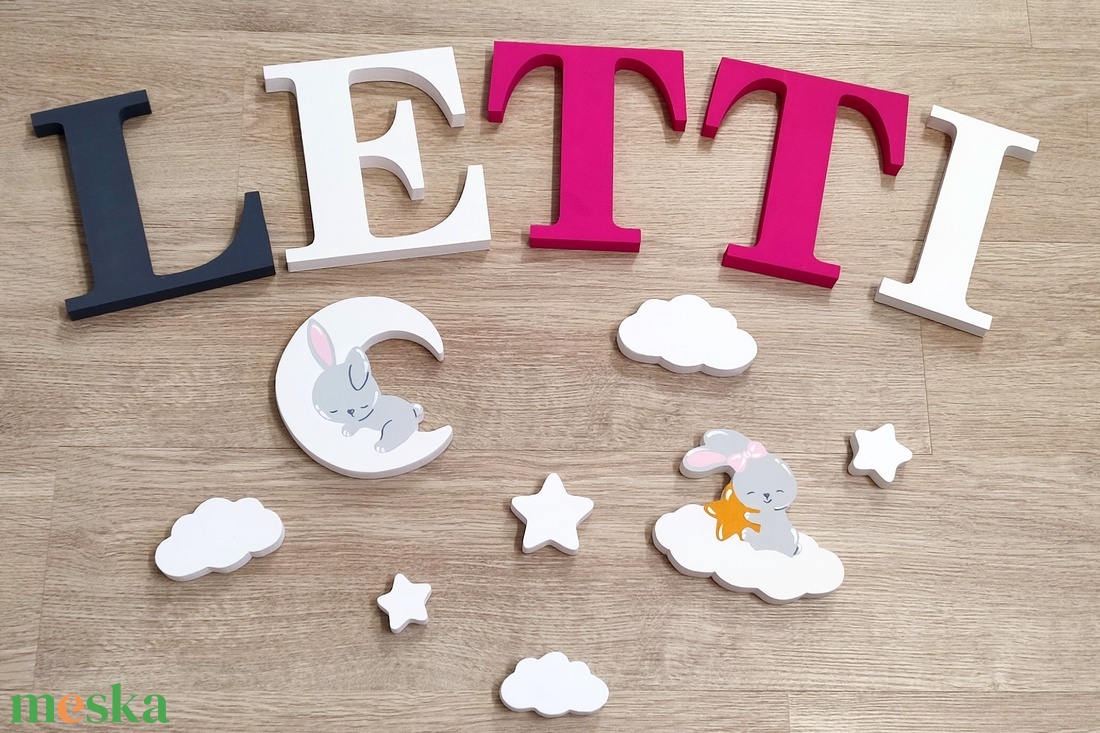Nyuszis díszítésű dekorbetű szett, választható névvel, színnel, kézműves, dekoráció, név, betű, gyerekszoba, dekor betű - otthon & életmód - dekoráció - fali és függő dekoráció - betű & név - Meska.hu