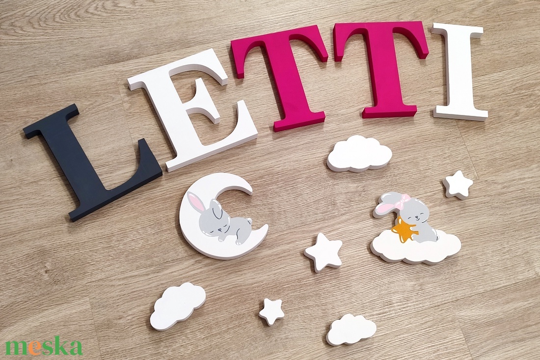 Nyuszis díszítésű dekorbetű szett, választható névvel, színnel, kézműves, dekoráció, név, betű, gyerekszoba, dekor betű - otthon & életmód - dekoráció - fali és függő dekoráció - betű & név - Meska.hu