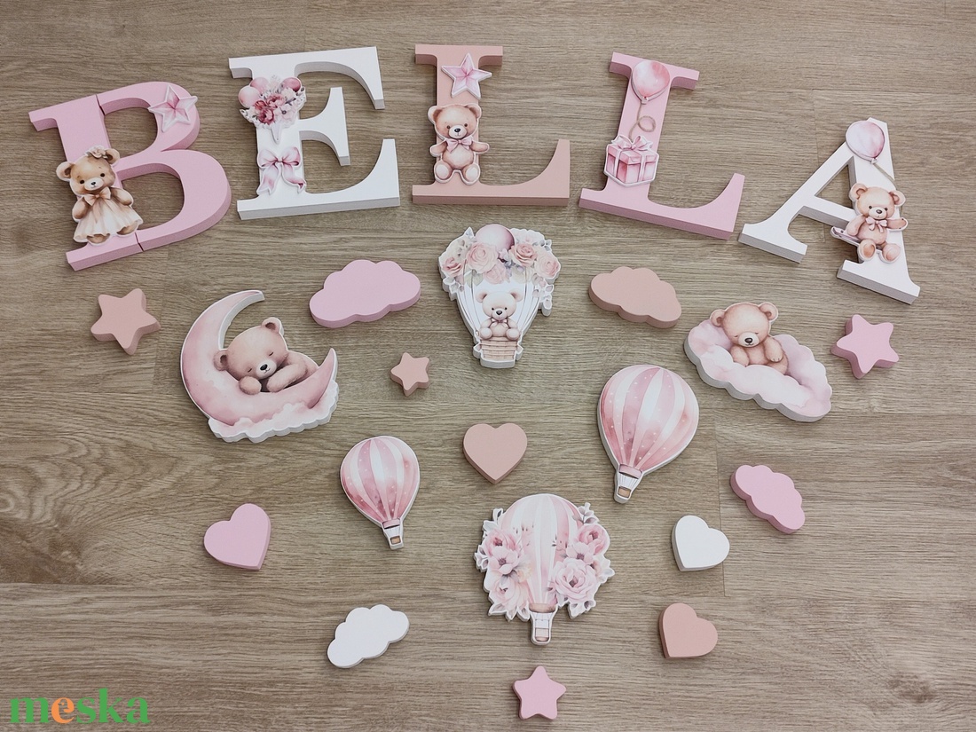 Rózsaszín macis dekorbetű szett, választható névvel, színnel, kézműves, dekoráció, név, betű, gyerekszoba, dekor betű - otthon & életmód - dekoráció - fali és függő dekoráció - betű & név - Meska.hu