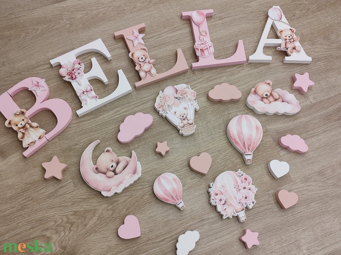 Rózsaszín macis dekorbetű szett, választható névvel, színnel, kézműves, dekoráció, név, betű, gyerekszoba, dekor betű - otthon & életmód - dekoráció - fali és függő dekoráció - betű & név - Meska.hu