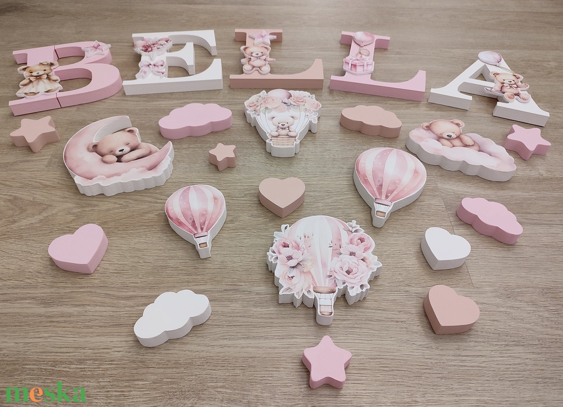 Rózsaszín macis dekorbetű szett, választható névvel, színnel, kézműves, dekoráció, név, betű, gyerekszoba, dekor betű - otthon & életmód - dekoráció - fali és függő dekoráció - betű & név - Meska.hu