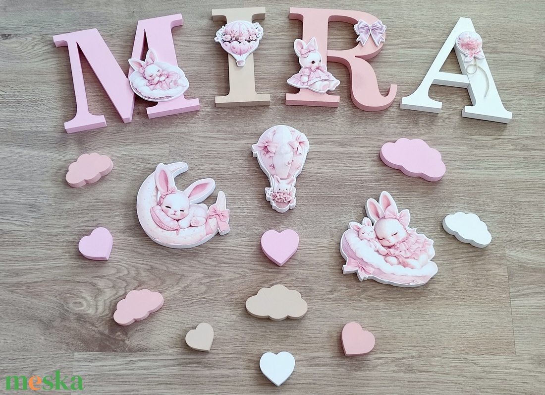 Rózsaszín nyuszis díszítésű dekorbetű szett, választható névvel, színnel, kézműves, dekoráció, név, betű, dekor betű - otthon & életmód - babaszoba, gyerekszoba - babaszoba dekoráció - Meska.hu