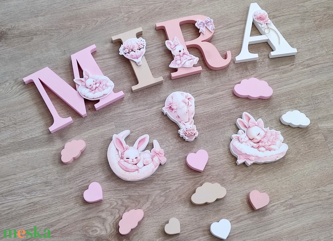 Rózsaszín nyuszis díszítésű dekorbetű szett, választható névvel, színnel, kézműves, dekoráció, név, betű, dekor betű - otthon & életmód - babaszoba, gyerekszoba - babaszoba dekoráció - Meska.hu