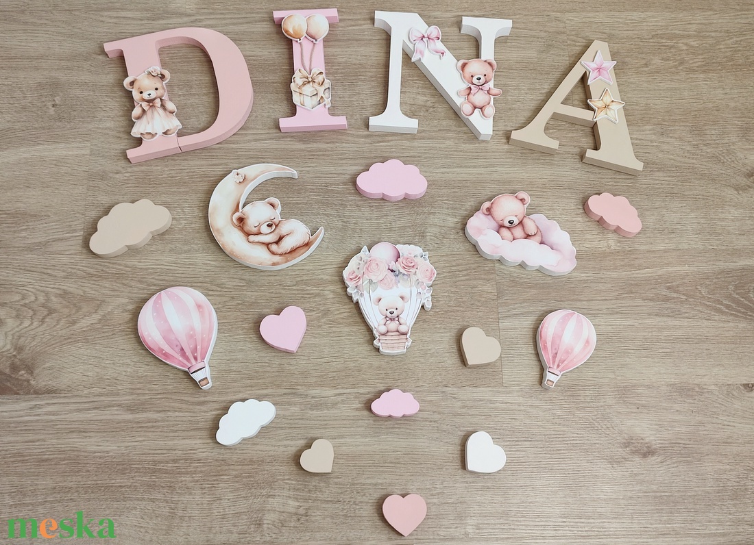 Rózsaszín-bézs macis dekorbetű szett, választható névvel, színnel, kézműves, dekoráció, név, betű, dekor betű - otthon & életmód - babaszoba, gyerekszoba - babaszoba dekoráció - Meska.hu