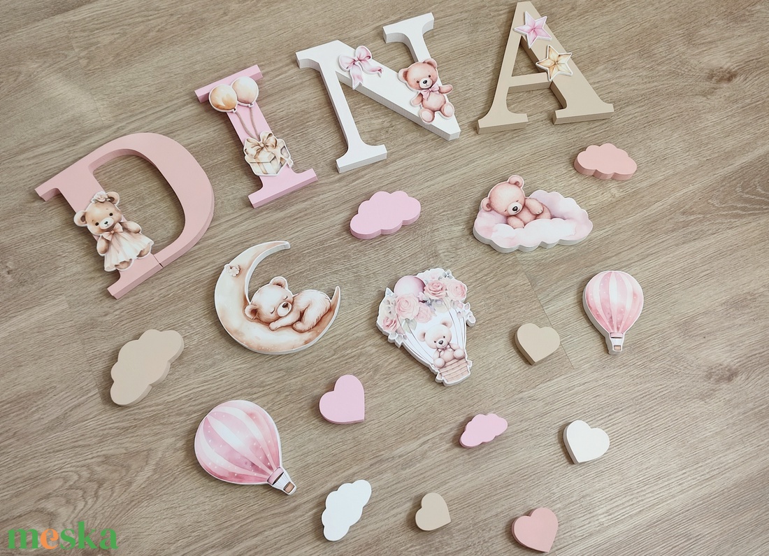 Rózsaszín-bézs macis dekorbetű szett, választható névvel, színnel, kézműves, dekoráció, név, betű, dekor betű - otthon & életmód - babaszoba, gyerekszoba - babaszoba dekoráció - Meska.hu