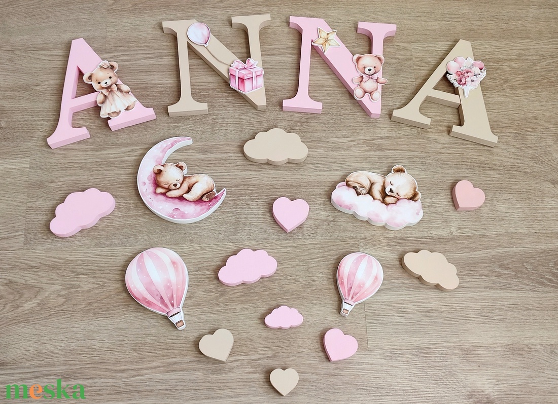 Rózsaszín-bézs macis lilás dekorbetű szett, választható névvel, színnel, kézműves, dekoráció, név, betű, dekor betű - otthon & életmód - babaszoba, gyerekszoba - babaszoba dekoráció - Meska.hu