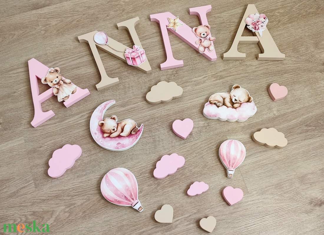 Rózsaszín-bézs macis lilás dekorbetű szett, választható névvel, színnel, kézműves, dekoráció, név, betű, dekor betű - otthon & életmód - babaszoba, gyerekszoba - babaszoba dekoráció - Meska.hu