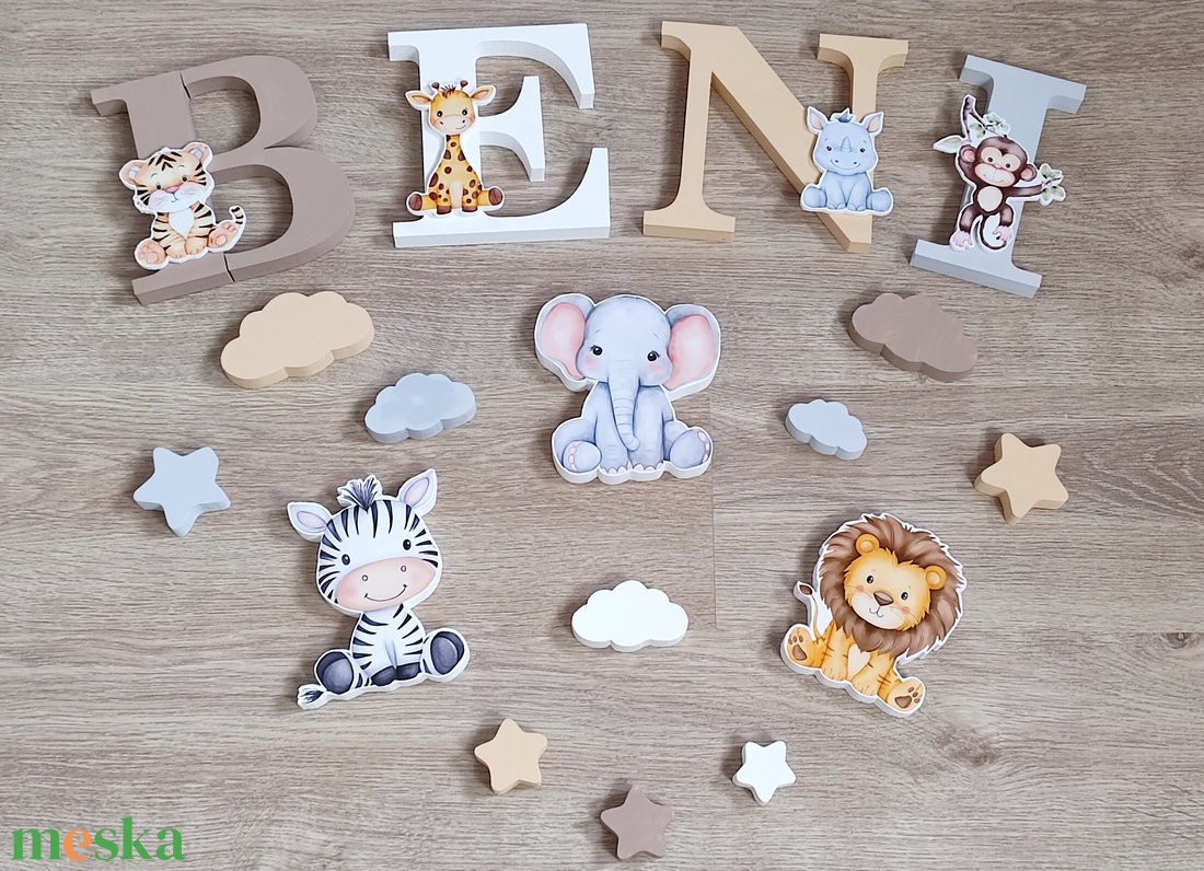 Szafari állatos dekorbetű szett, választható névvel, színnel, kézműves, dekoráció, név, betű, gyerekszoba, dekor betű - otthon & életmód - babaszoba, gyerekszoba - babaszoba dekoráció - Meska.hu