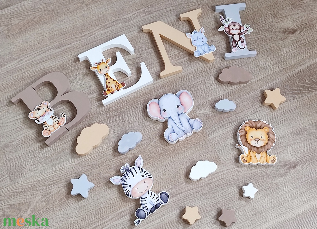 Szafari állatos dekorbetű szett, választható névvel, színnel, kézműves, dekoráció, név, betű, gyerekszoba, dekor betű - otthon & életmód - babaszoba, gyerekszoba - babaszoba dekoráció - Meska.hu