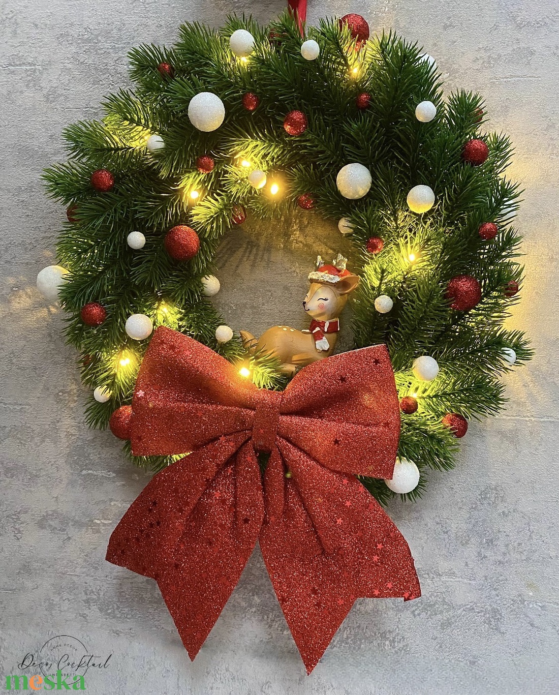 Őzikés mű, ledes fenyő adventi kopogtató - karácsony - adventi díszek - adventi ajtódísz - Meska.hu