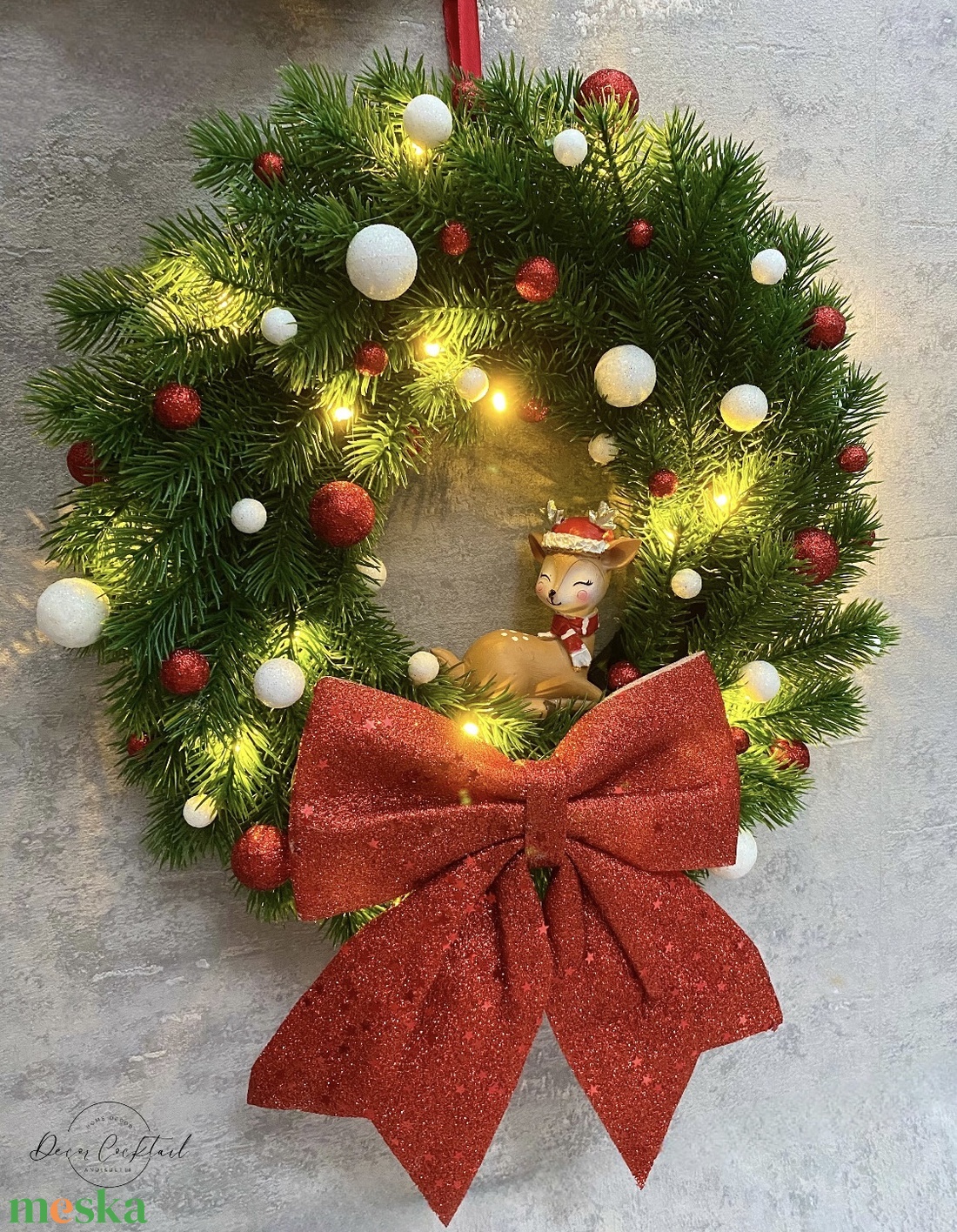 Őzikés mű, ledes fenyő adventi kopogtató - karácsony - adventi díszek - adventi ajtódísz - Meska.hu