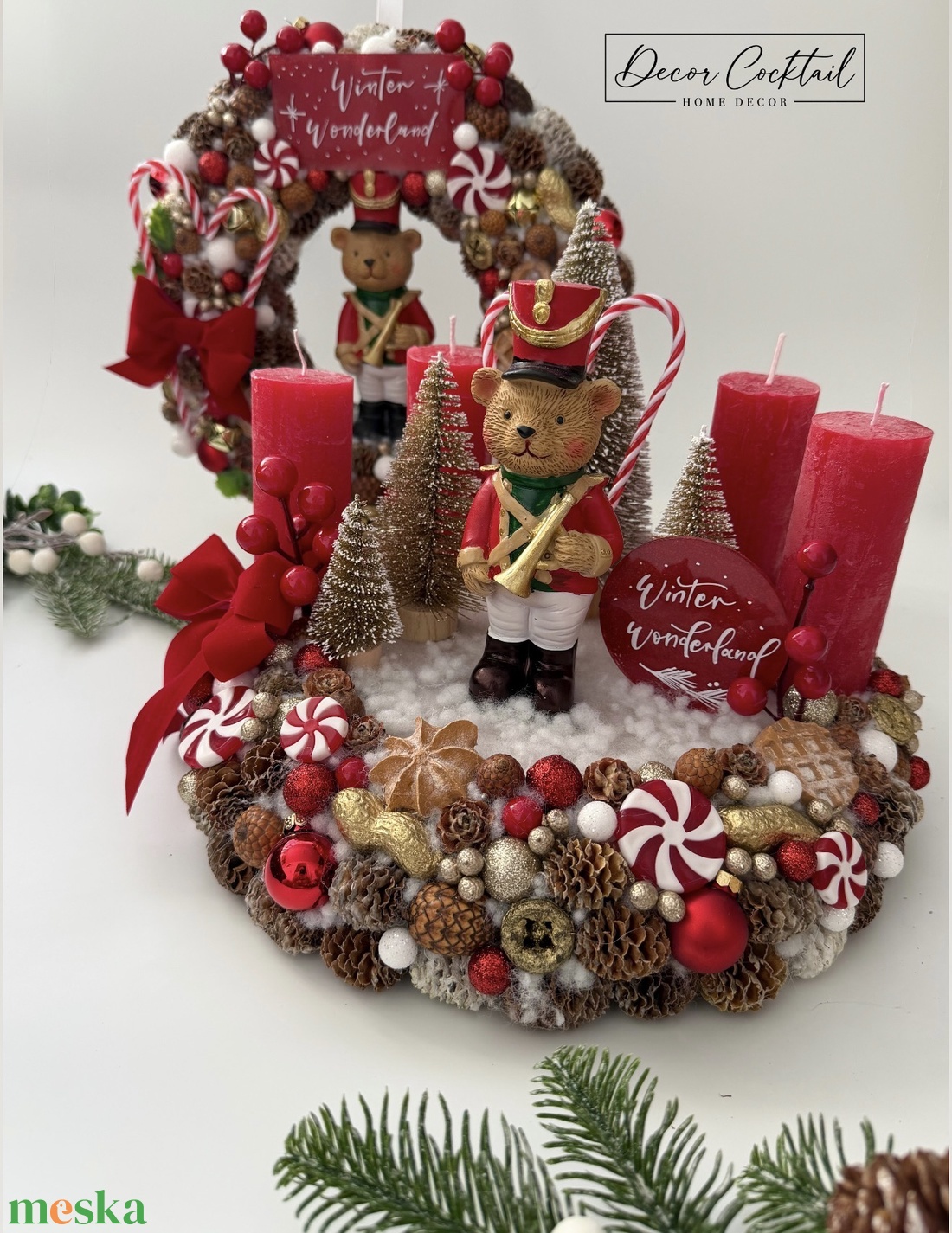 Klasszikus karácsonyi adventi koszorú, piros-fehér-arany színekben diótörő macival - karácsony - adventi díszek - adventi koszorú - Meska.hu