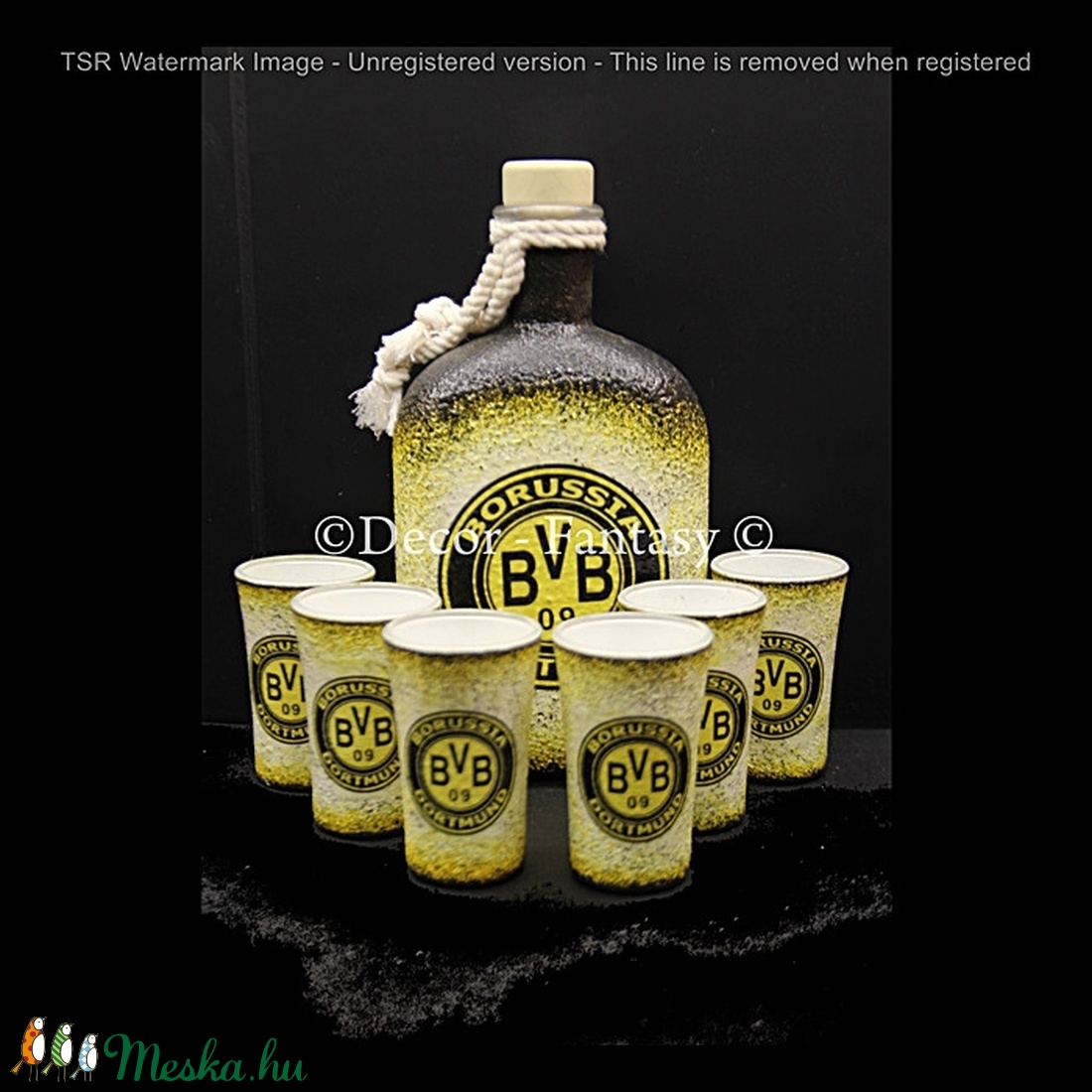 Borussia Dortmund  emblémával díszített   italos szett ( 0,5 l üveg + 6x45ml pohár )  - otthon & életmód - dekoráció - Meska.hu