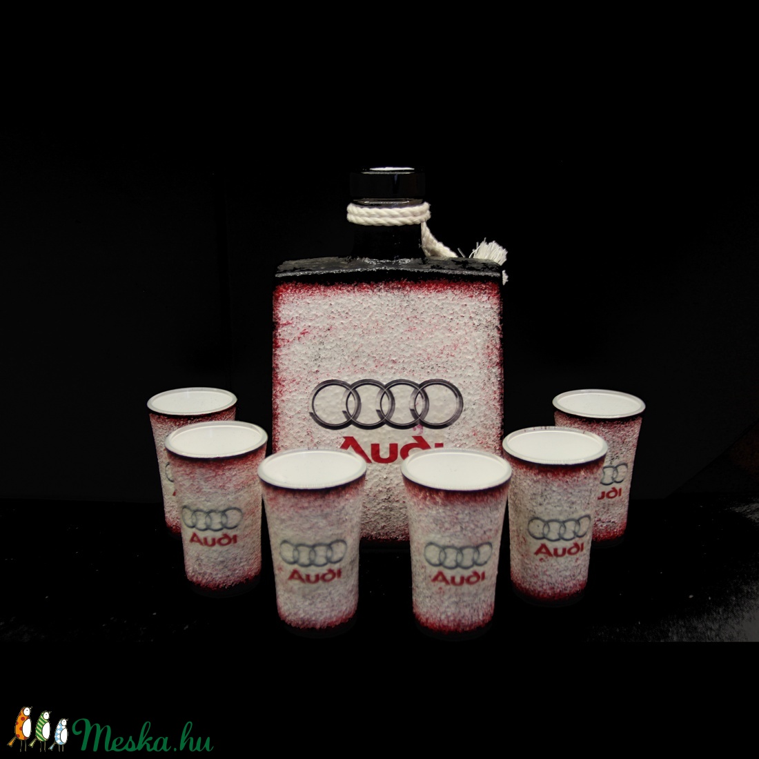 AUDI emblémával díszített pálinkás szett ( 0,5 l üveg + 6x 45 ml pohár ) - - Meska.hu AUDI emblémával díszített pálinkás szett ( 0,5 l üveg + 6x 45 ml pohár ) - - Meska.hu