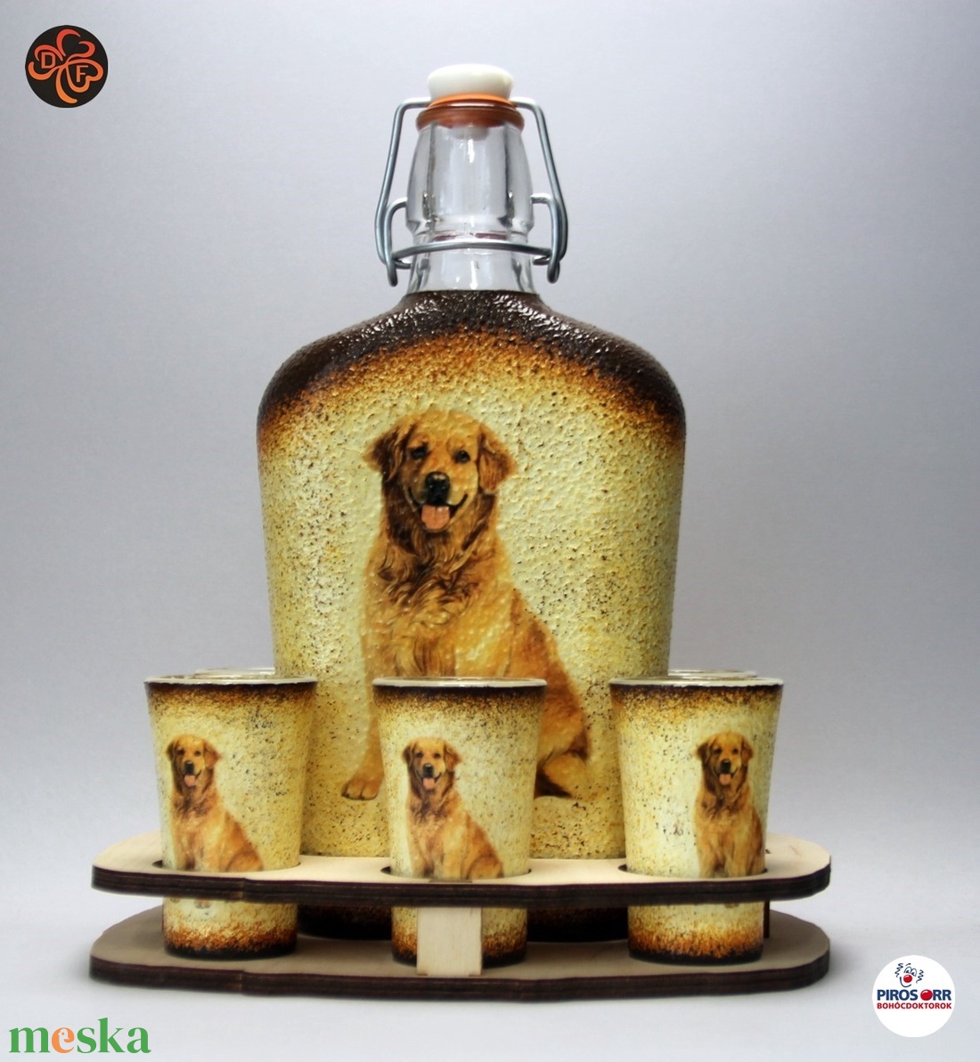Kutya motívummal ( golden retriever) díszített nagy pálinkás szett ; Házi kedvenc rajongóknak ;Egyedi állat fotóval is ! - otthon & életmód - konyhafelszerelés, tálalás - tálalás - pálinkás poharak, szettek - Meska.hu