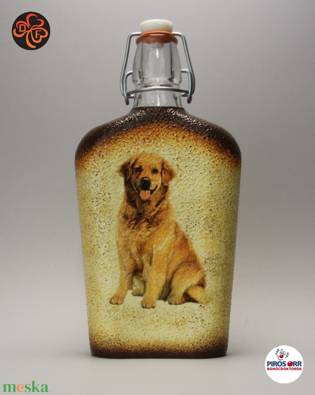 Kutya motívummal (golden retriever) díszített pálinkás üveg  ; Házi kedvenc rajongóknak ;Egyedi állat fotóval is ! - otthon & életmód - konyhafelszerelés, tálalás - tálalás - pálinkás poharak, szettek - Meska.hu