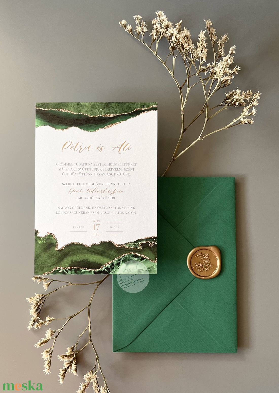 Esküvői meghívó borítékkal és viaszpecséttel  Zöld achát - esküvő - meghívó & kártya - meghívó - Meska.hu