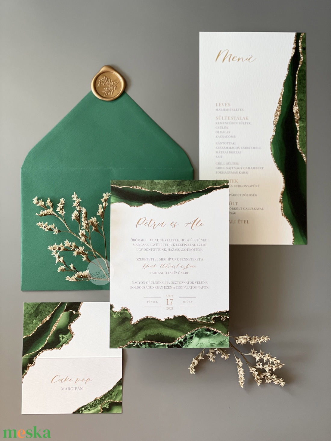Esküvői meghívó borítékkal és viaszpecséttel  Zöld achát - esküvő - meghívó & kártya - meghívó - Meska.hu