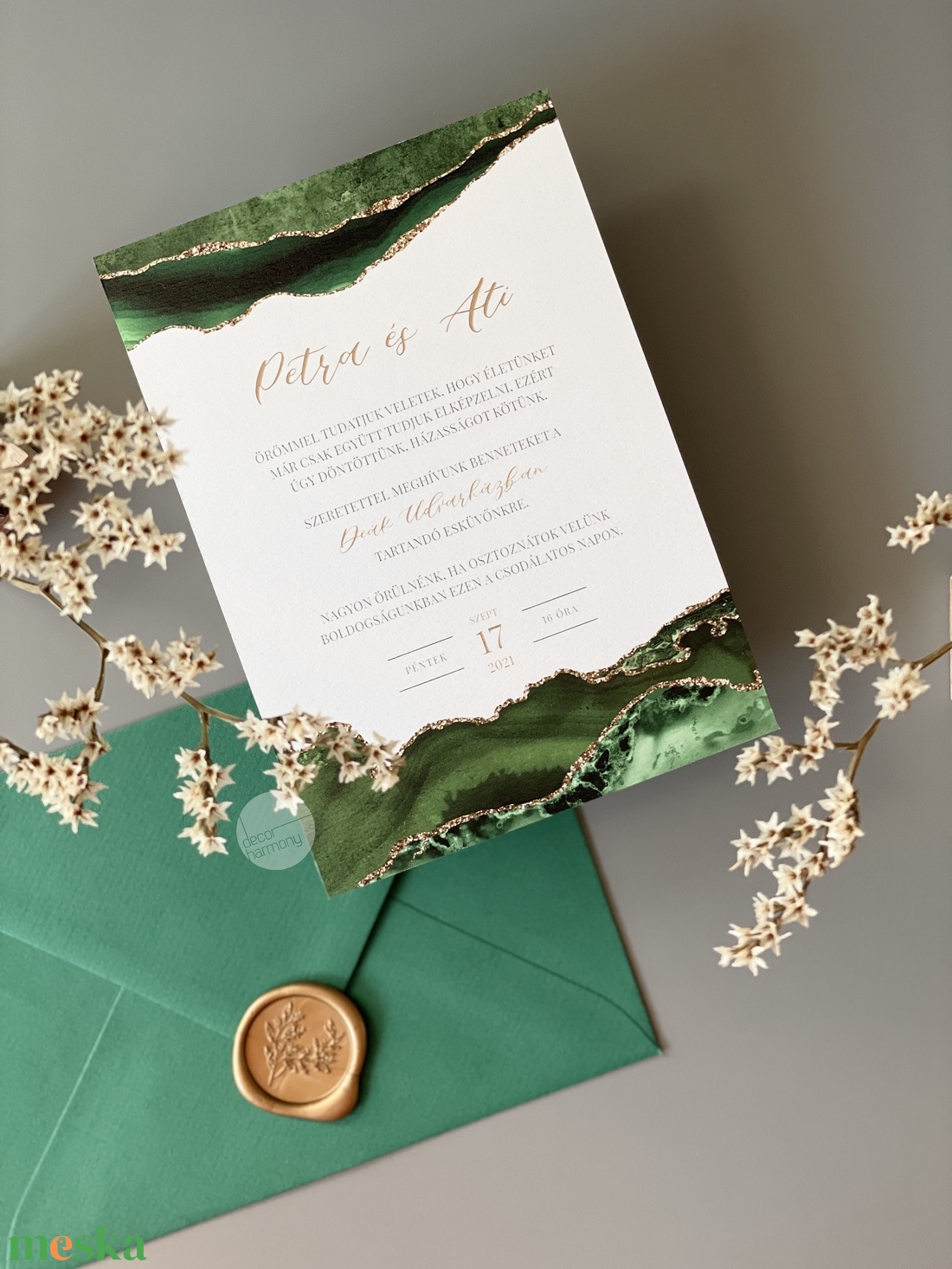 Esküvői meghívó borítékkal és viaszpecséttel  Zöld achát - esküvő - meghívó & kártya - meghívó - Meska.hu