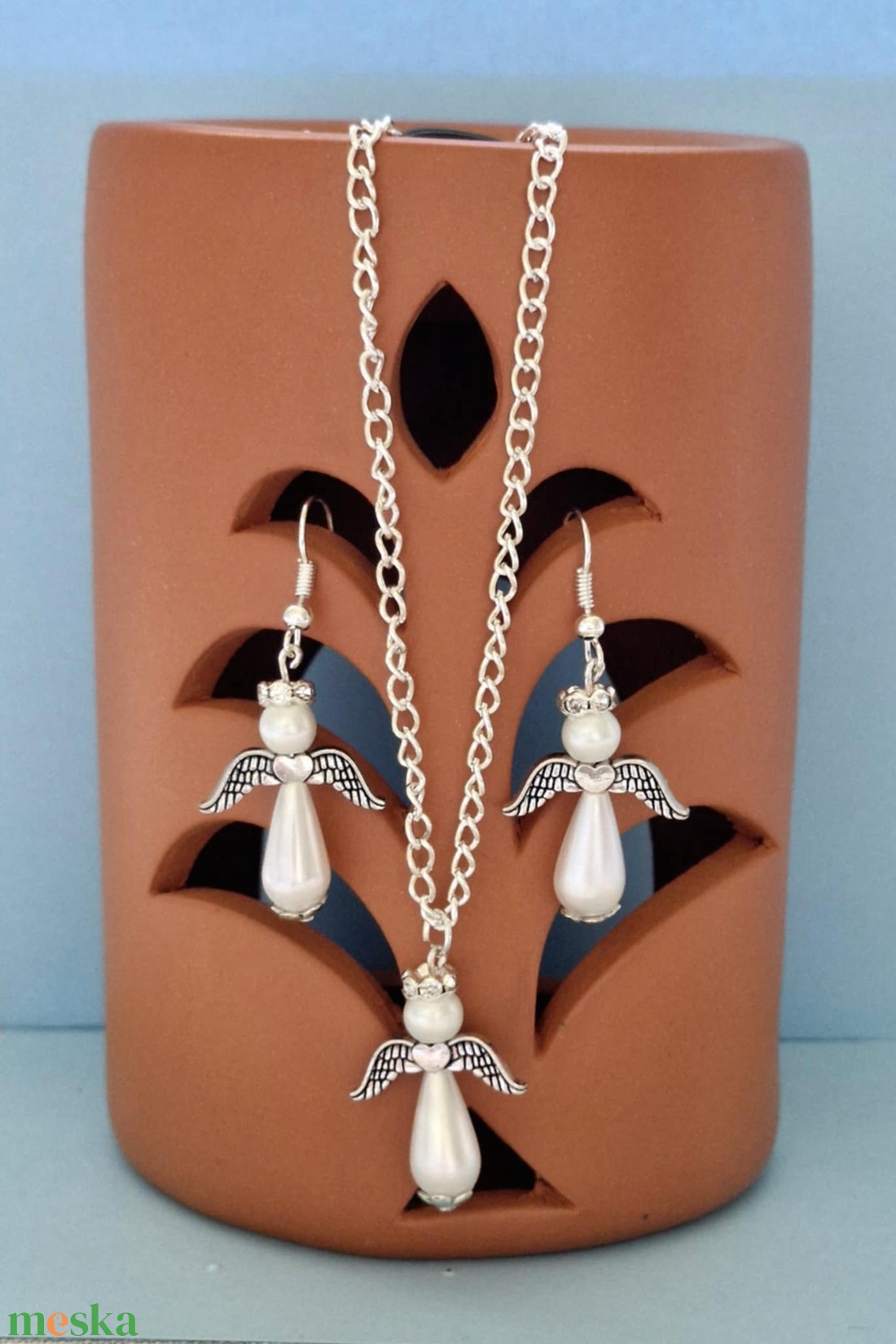 Angyalkás szett nyaklánc+fülbevaló - ékszer - nyaklánc - medálos nyaklánc - Meska.hu