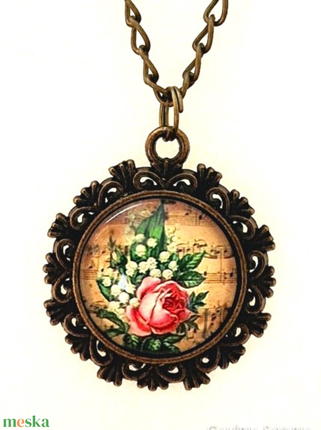 Üveglencsés nyaklánc vintage mintás medállal - ékszer - nyaklánc - medálos nyaklánc - Meska.hu