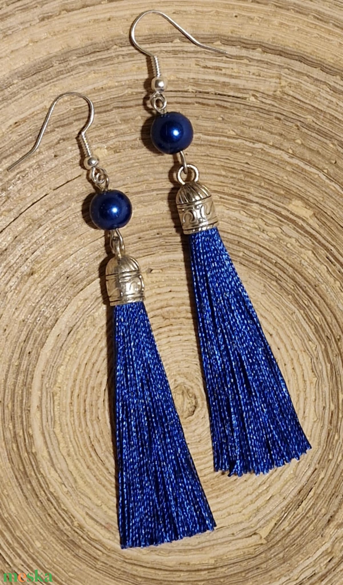 Királykék selyem bojt fülbevaló - ékszer - fülbevaló - lógó fülbevaló - Meska.hu
