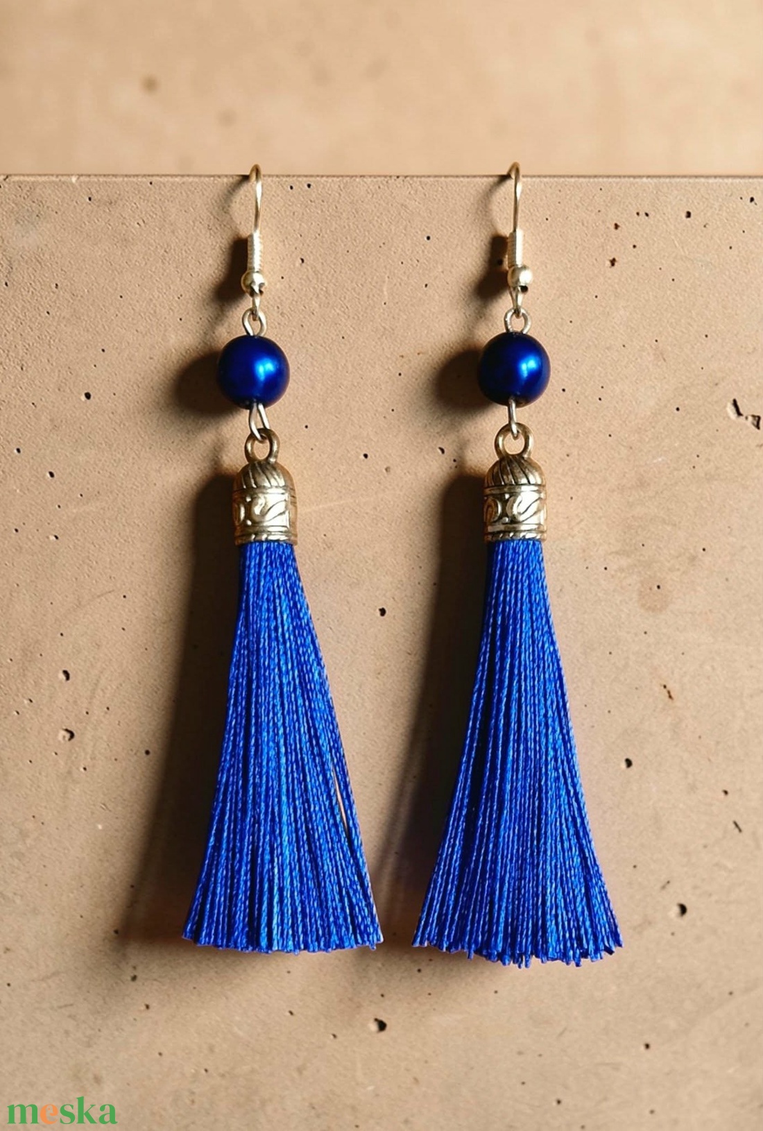 Királykék selyem bojt fülbevaló - ékszer - fülbevaló - lógó fülbevaló - Meska.hu
