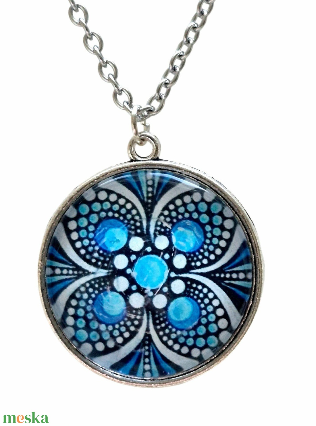 Égszínkék mandala � Pontfestéses üveglencsés nyaklánc (25 mm) - ékszer - nyaklánc - medálos nyaklánc - Meska.hu