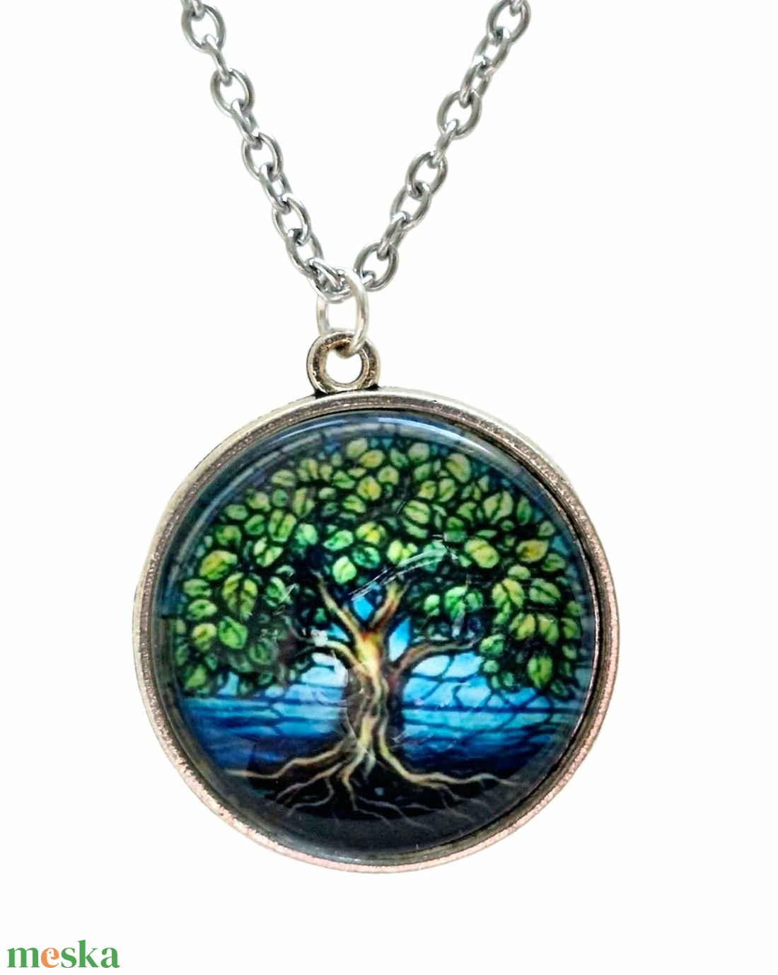 Misztikus életfa üveglencsés nyaklánc � Mélyzöld Harmónia (25 mm) - ékszer - nyaklánc - medálos nyaklánc - Meska.hu
