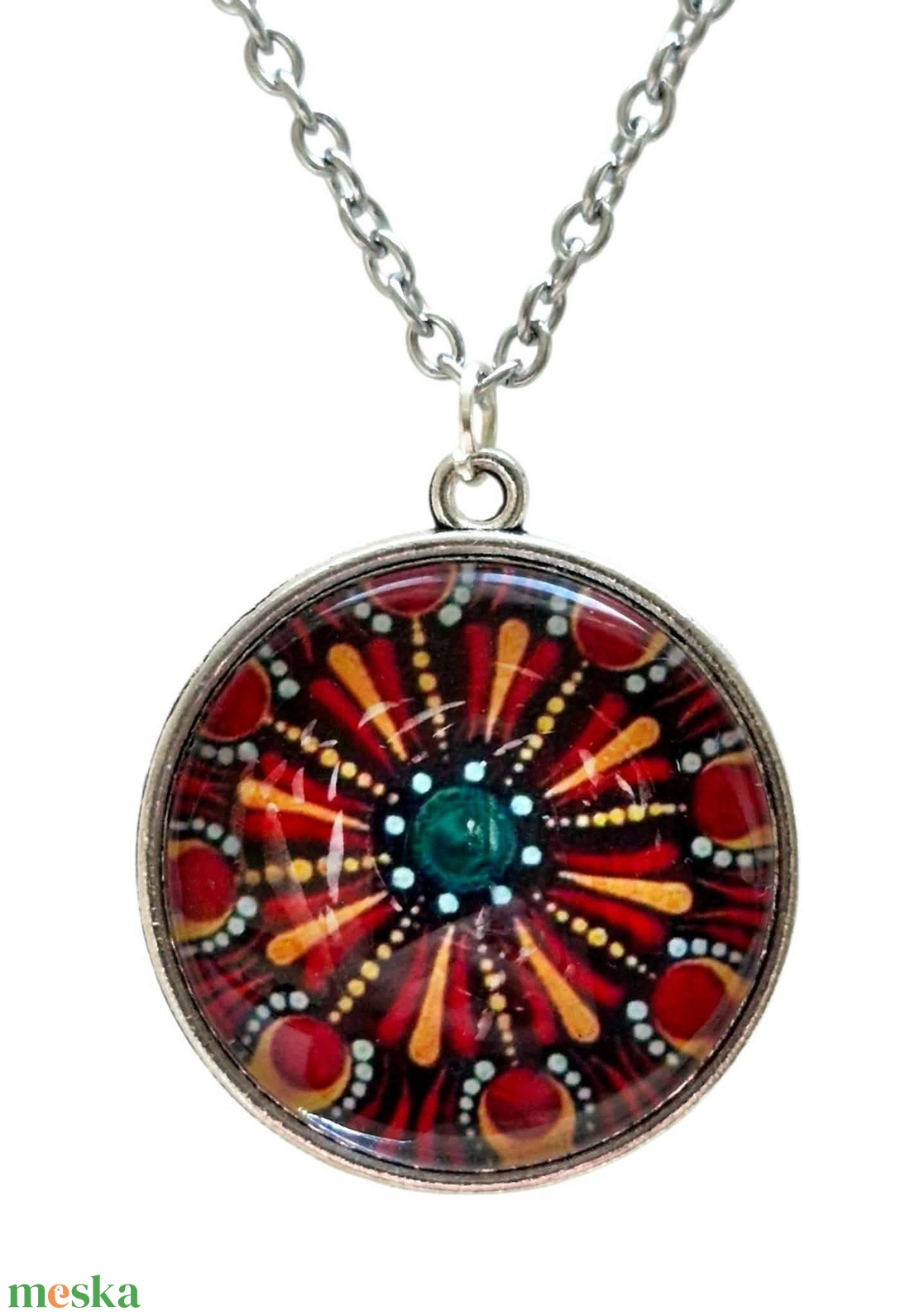 Tűzvirág mandala � Pontfestéses üveglencsés nyaklánc (25 mm) - ékszer - nyaklánc - medálos nyaklánc - Meska.hu