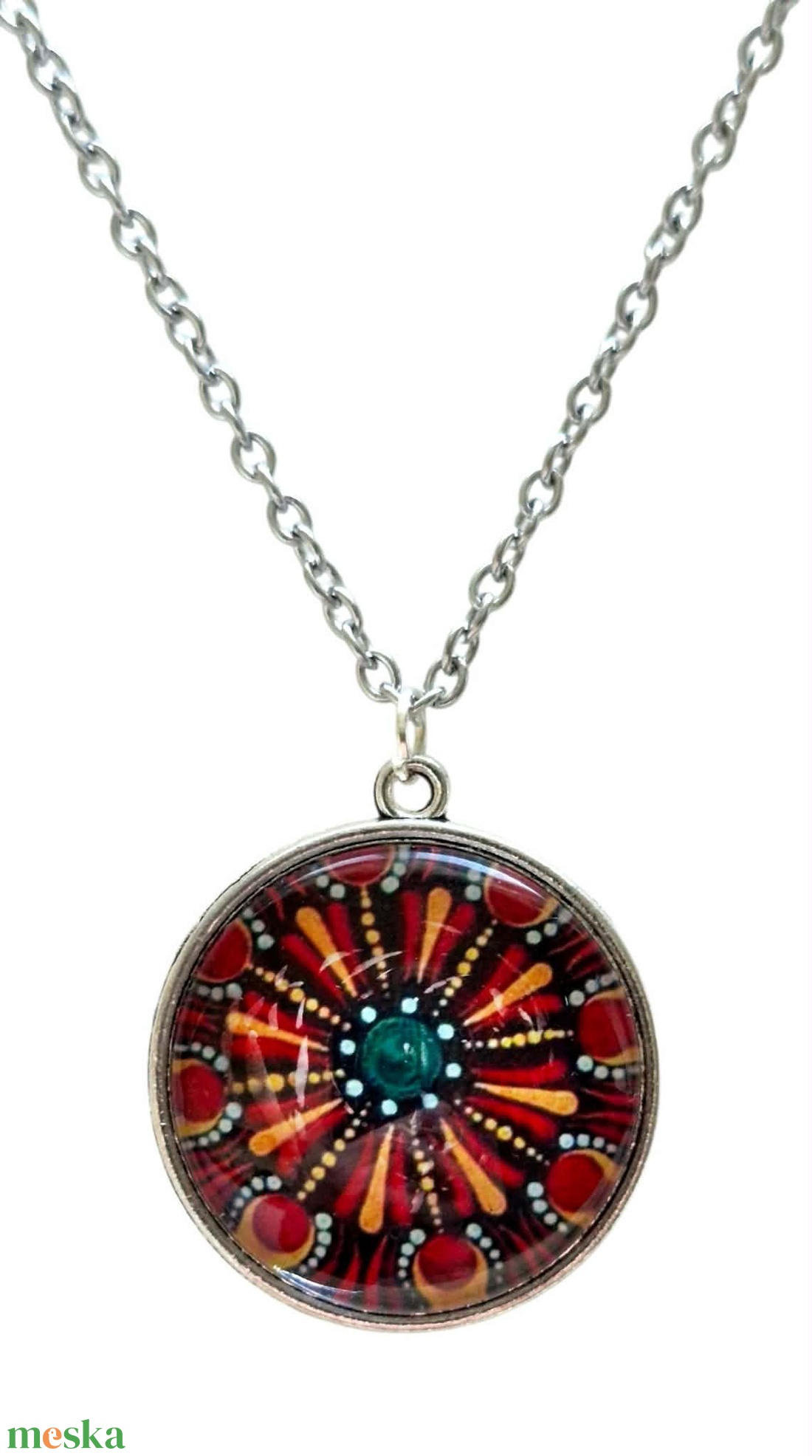 Tűzvirág mandala � Pontfestéses üveglencsés nyaklánc (25 mm) - ékszer - nyaklánc - medálos nyaklánc - Meska.hu