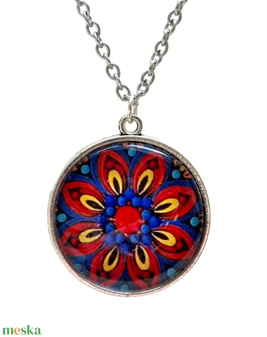 Magyaros Virtus � Piros-kék üveglencsés mandala nyaklánc (25 mm) - ékszer - nyaklánc - medálos nyaklánc - Meska.hu