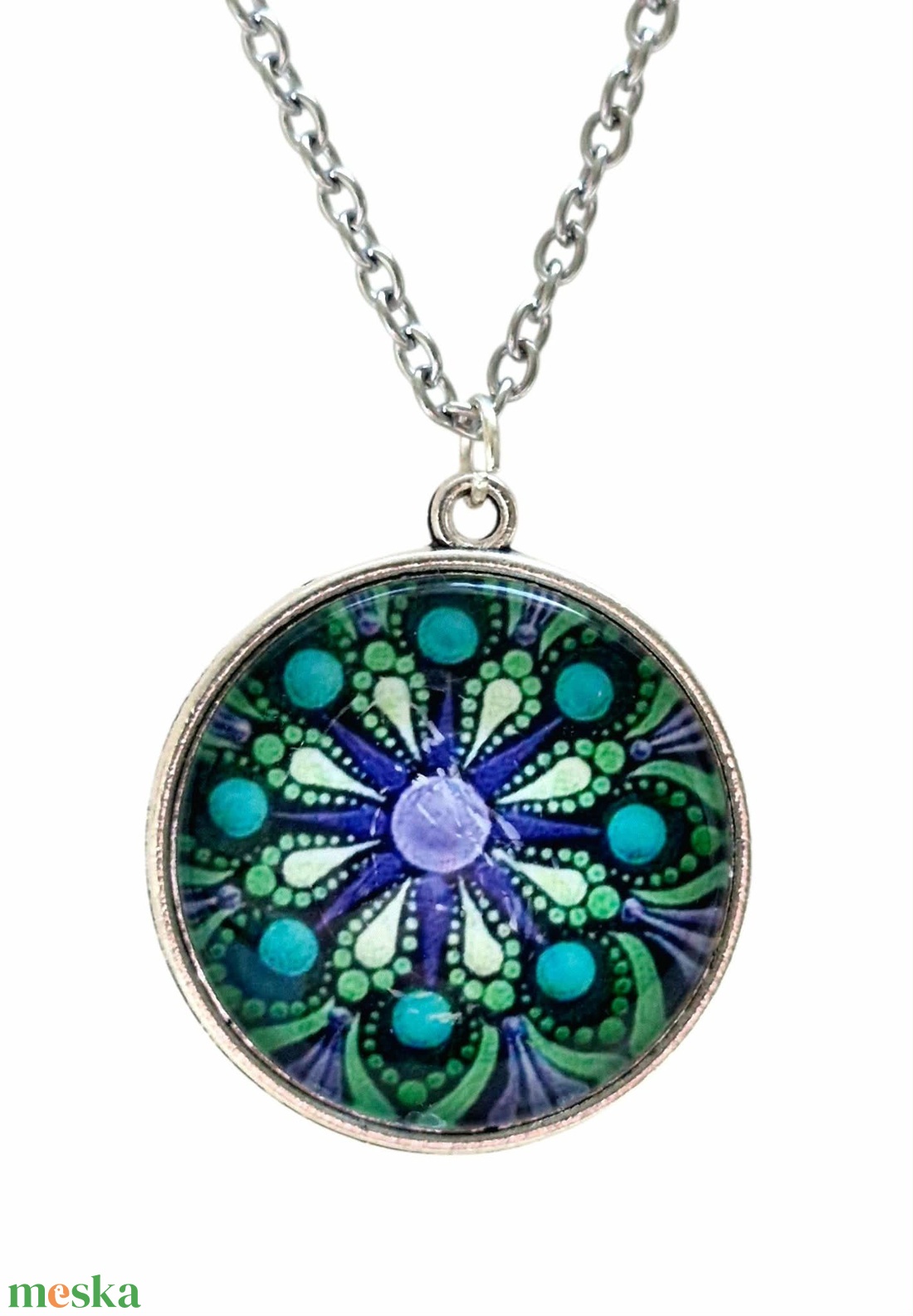 Türkiz pontfestéses mandala nyaklánc (25 mm) - ékszer - nyaklánc - medálos nyaklánc - Meska.hu