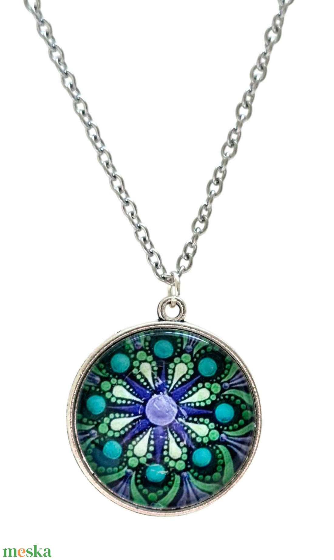 Türkiz pontfestéses mandala nyaklánc (25 mm) - ékszer - nyaklánc - medálos nyaklánc - Meska.hu
