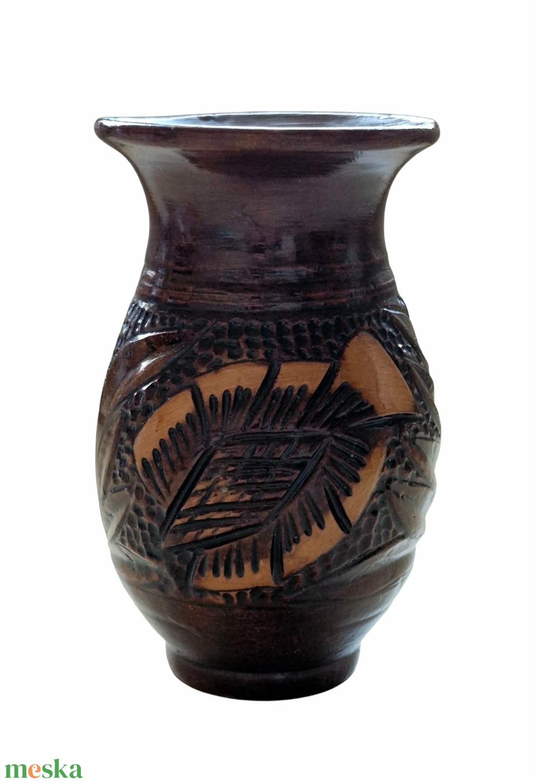Vintage Korondi mázas kerámia váza � barna, kézzel karcolt (12 cm) - otthon & életmód - virágdekoráció - virágtartó - váza - Meska.hu