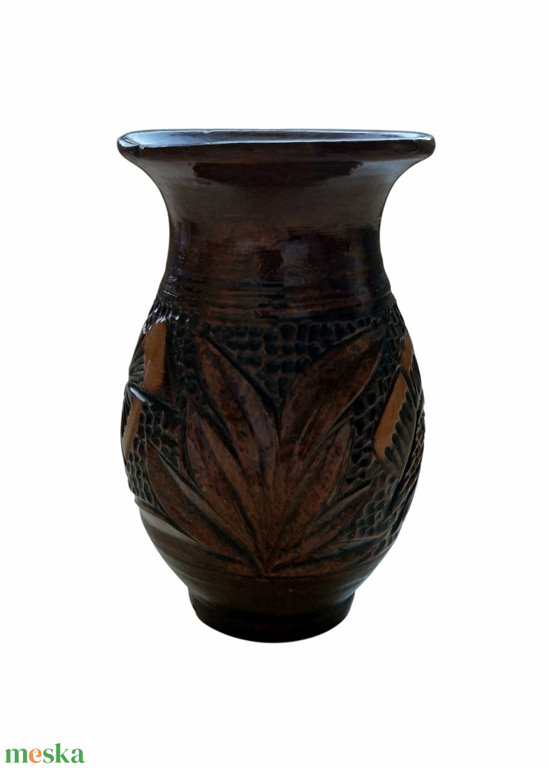 Vintage Korondi mázas kerámia váza � barna, kézzel karcolt (12 cm) - otthon & életmód - virágdekoráció - virágtartó - váza - Meska.hu