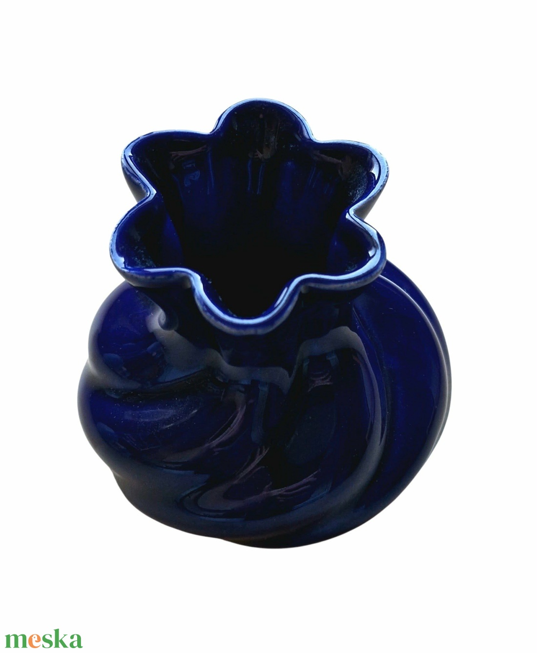 Vintage kobaltkék batyu váza � fodros szájú díszváza (9 cm) - otthon & életmód - virágdekoráció - virágtartó - váza - Meska.hu