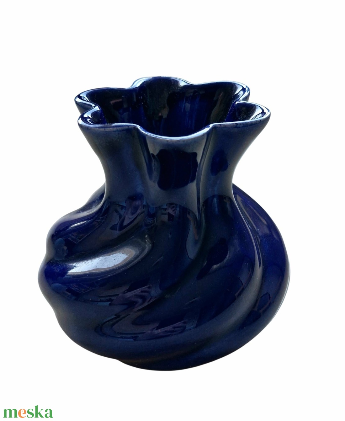 Vintage kobaltkék batyu váza � fodros szájú díszváza (9 cm) - otthon & életmód - virágdekoráció - virágtartó - váza - Meska.hu