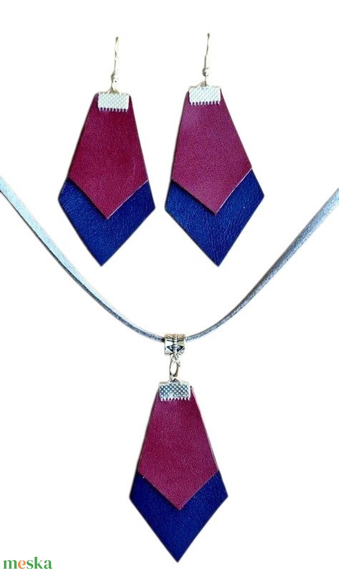 Modern bőr ékszerszett � bordó és tengerészkék rombusz, kézműves design - ékszer - ékszerszett - Meska.hu